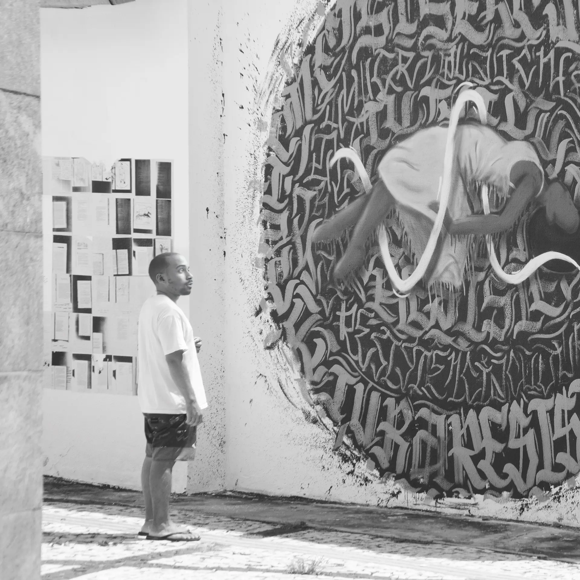 Grayscale photograph of a man attentively observing a graffiti mural at the Dragão do Mar Cultural Center in Fortaleza